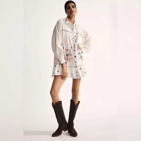 NWT XL - Anthropologie 100% Cotton Embroidered Swing Shirt Dress - Picture 7 of 16